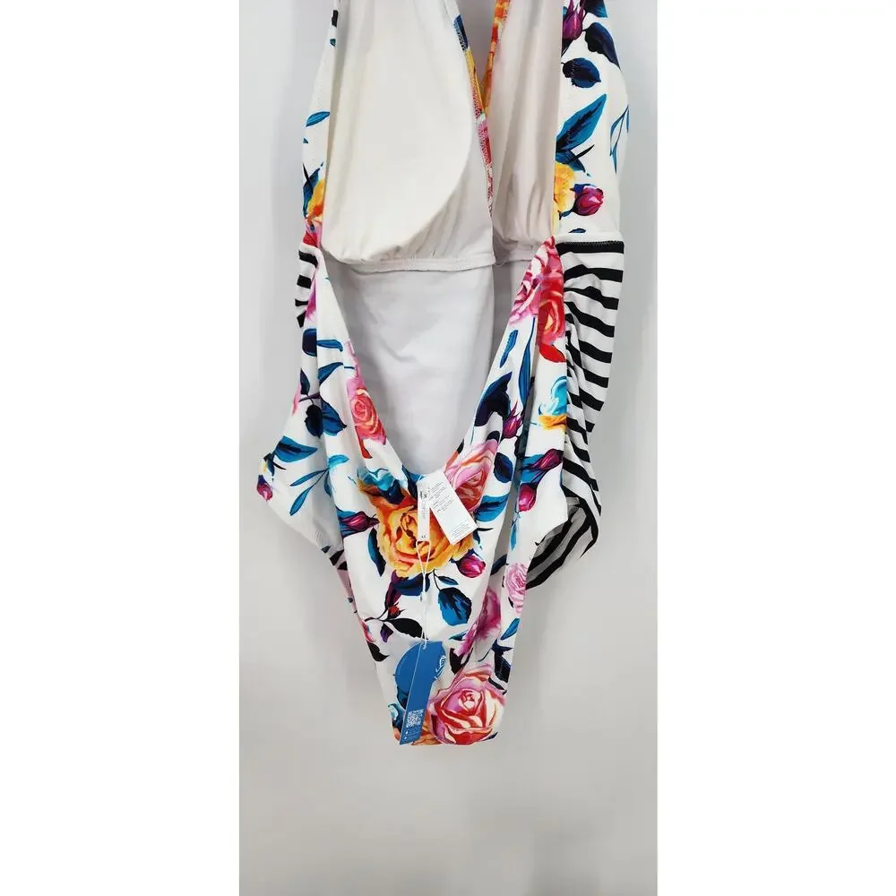 New Cupshe Bold Floral Stripe Halter Tummy Control One Piece Swimsuit 4X 4XL‎